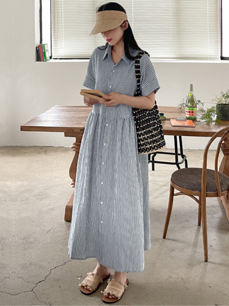Casual Loose Linen Shirt Dress - Vestido Camisero a Rayas de Estilo