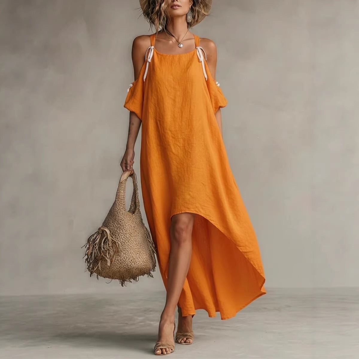Off Shoulder Puff Sleeve Sundress - Vestido de Verano para Mujer, Vestido