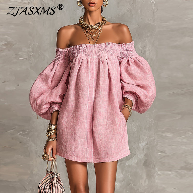 Off Shoulder Puff Sleeve Sundress - Vestido corto de verano 2026 nuevo
