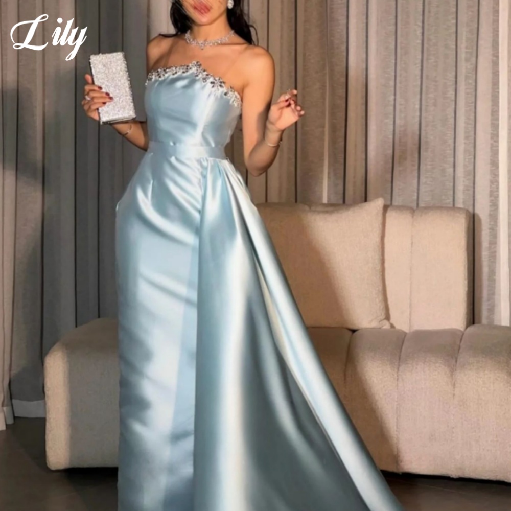 Elegant Satin Evening Gown Split - Vestido Formal elegante azul Lily, vestidos