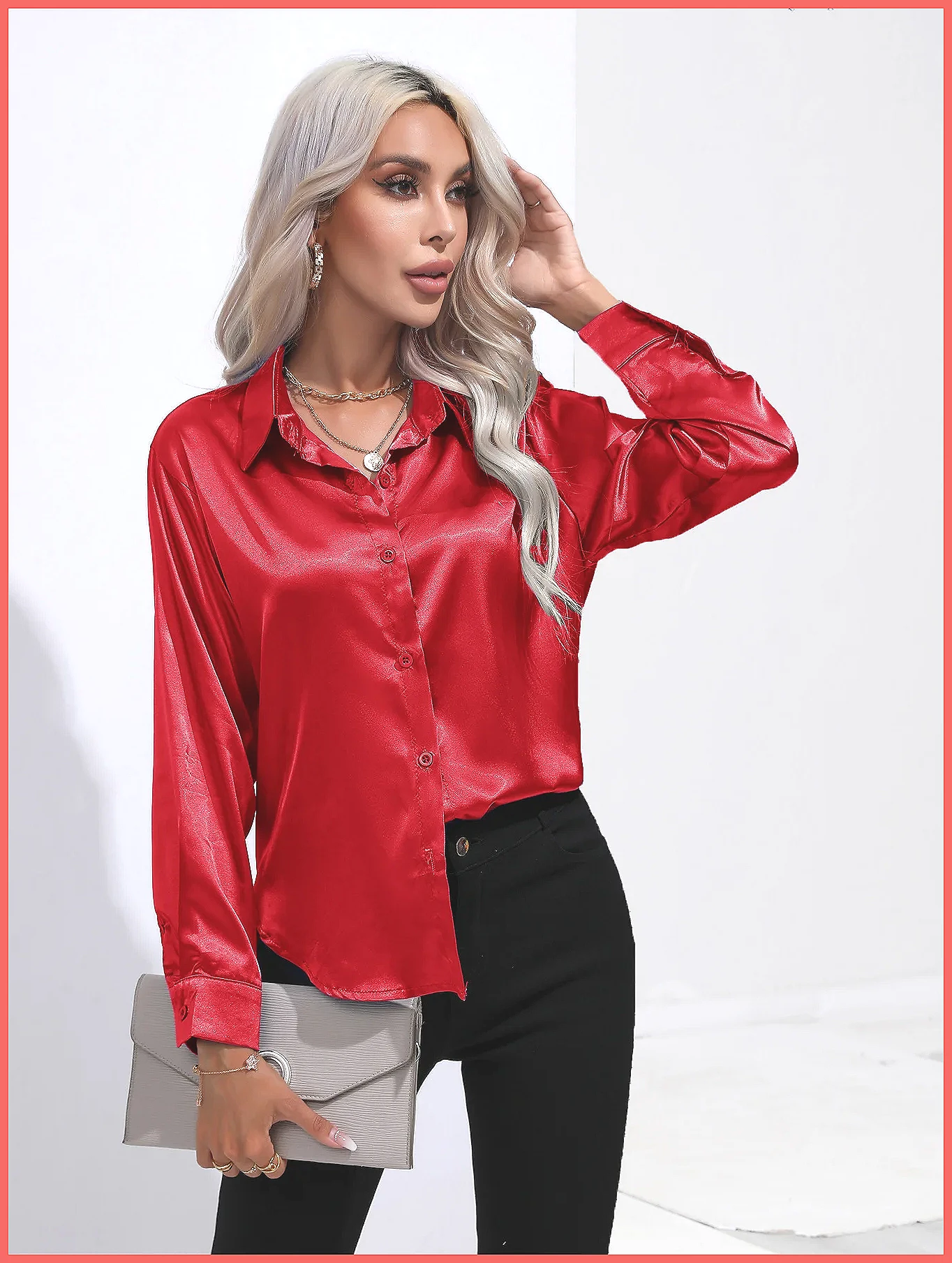 Blouses - Camisa de Satén para Mujer, Primavera-Verano