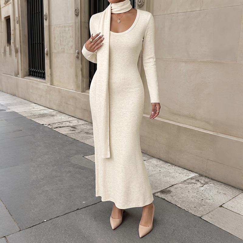 Bodycon Long Sleeve Ribbed Dress - Vestido largo de punto acanalado, elegante,