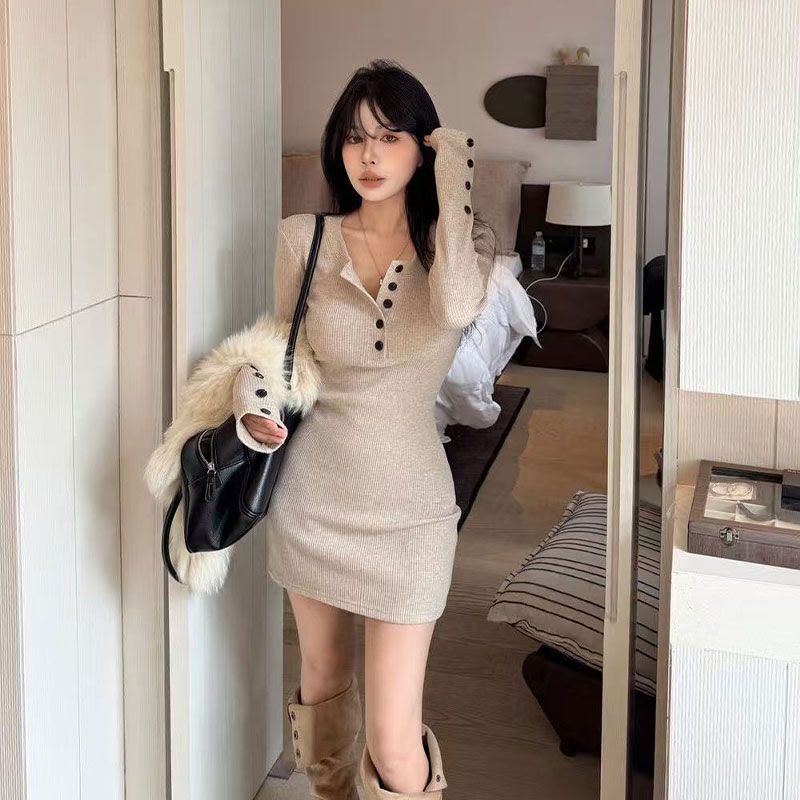 Vestidos de Punto Ajustados pa - Bodycon Long Sleeve Ribbed Dress reseña y precio