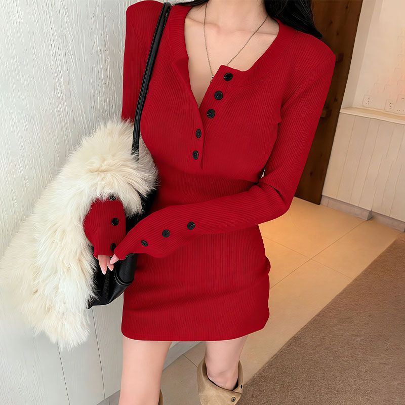 Vestidos de Punto Ajustados pa - Bodycon Long Sleeve Ribbed Dress reseña y precio