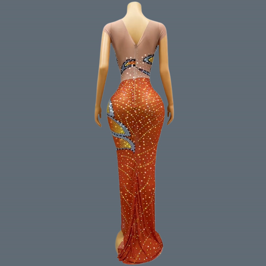 Vestido Maxi de Malla sin Mang - Sparkly Rhinestone Club Party Dress reseña y precio
