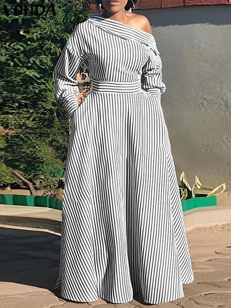 VONDA-Vestido largo a rayas pa - Off Shoulder Puff Sleeve Sundress reseña y precio