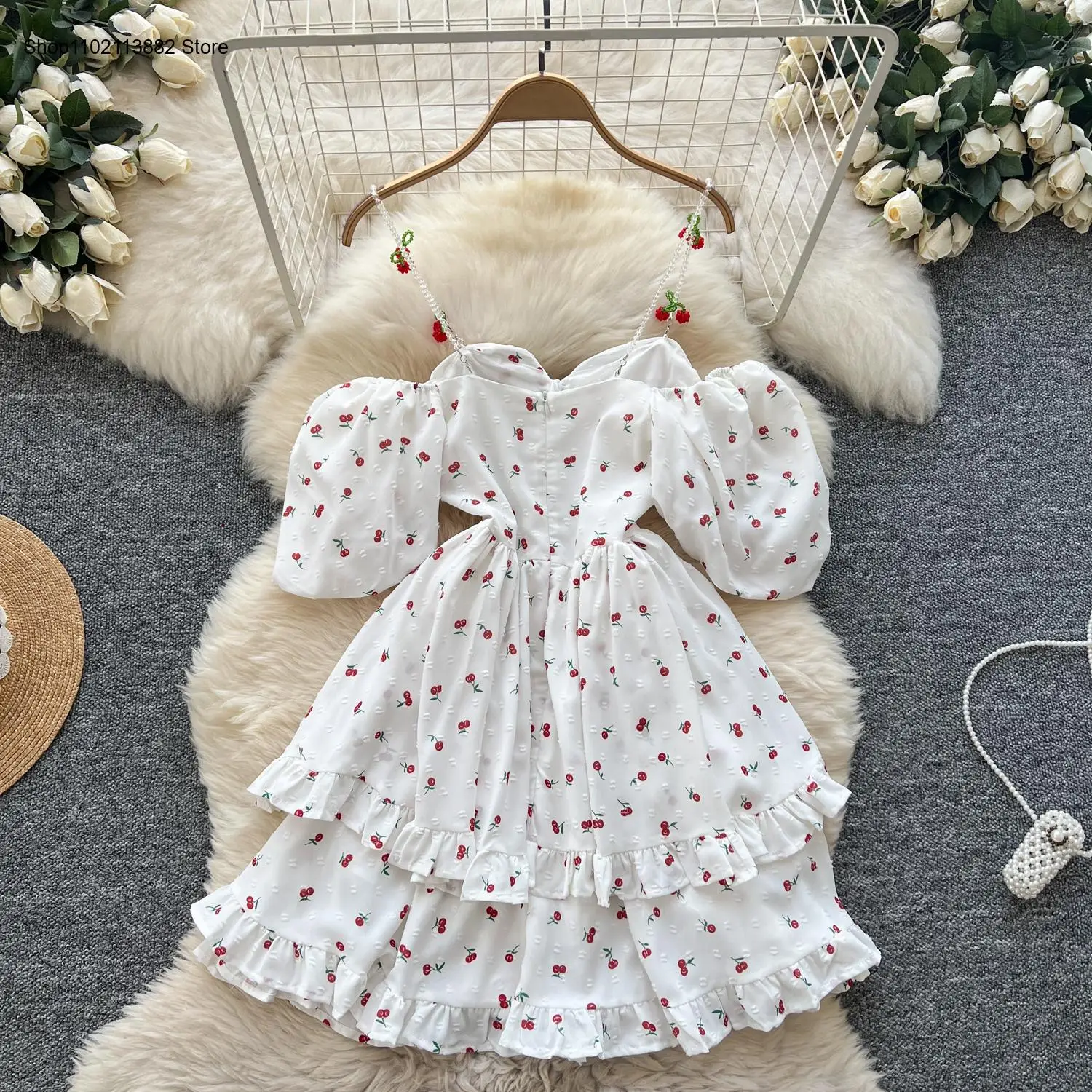 Vestido dulce con estampado de - Off Shoulder Puff Sleeve Sundress reseña y precio