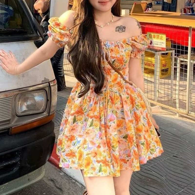 Minivestido naranja con estamp - Off Shoulder Puff Sleeve Sundress reseña y precio