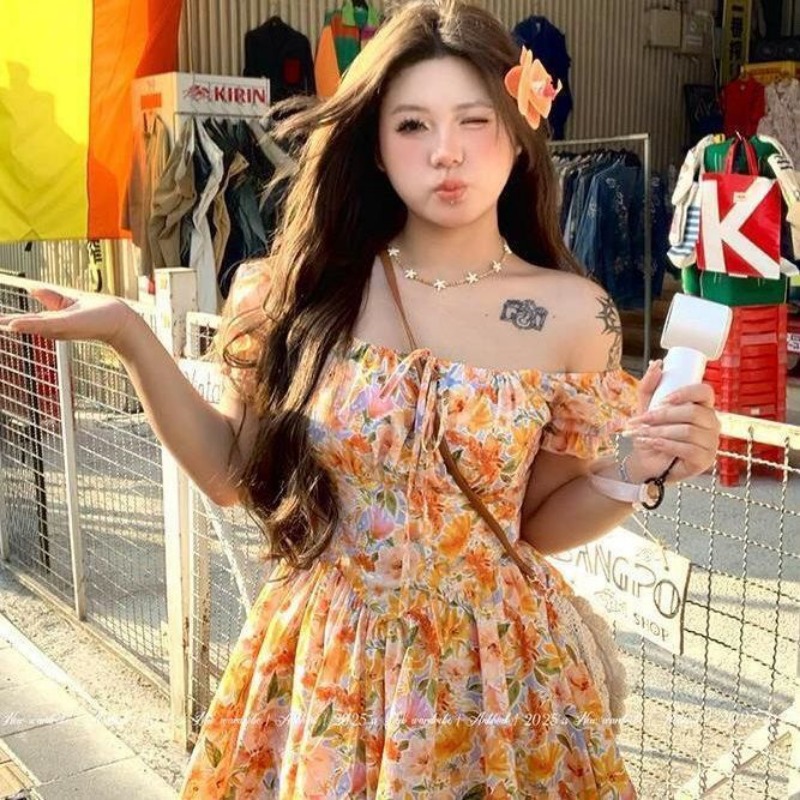 Minivestido naranja con estamp - Off Shoulder Puff Sleeve Sundress reseña y precio
