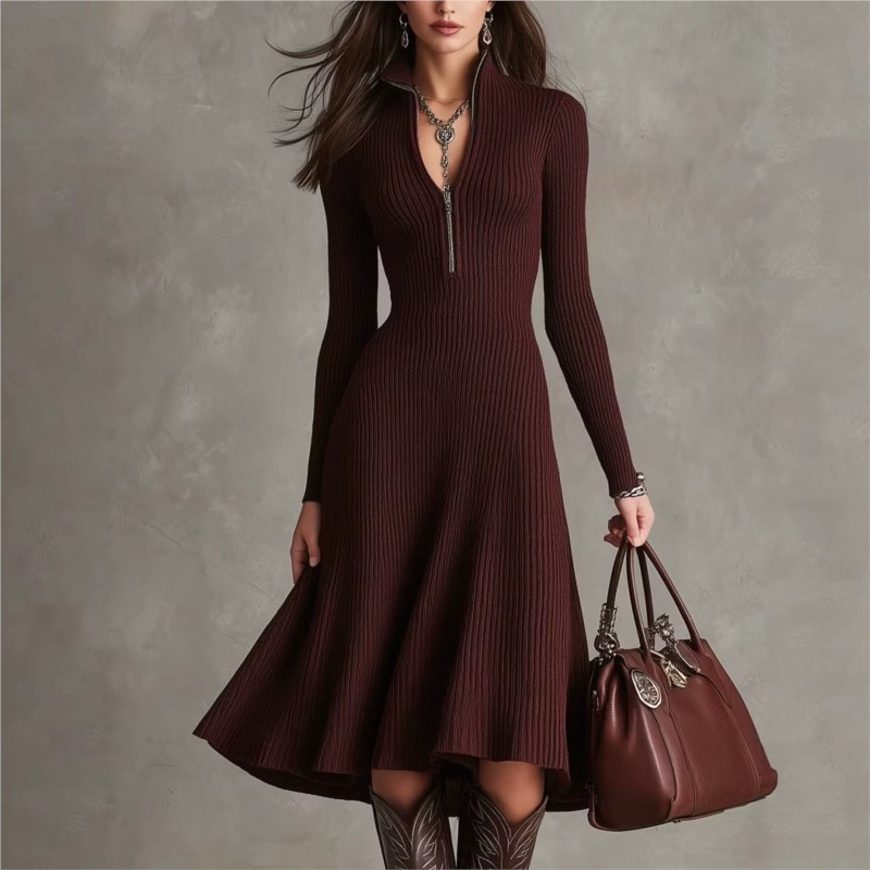 Vestido midi de punto acanalad - Bodycon Long Sleeve Ribbed Dress reseña y precio