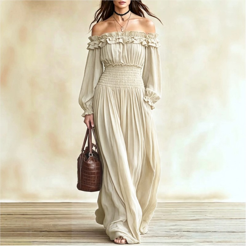 Vestido largo con volantes y h - Off Shoulder Puff Sleeve Sundress reseña y precio